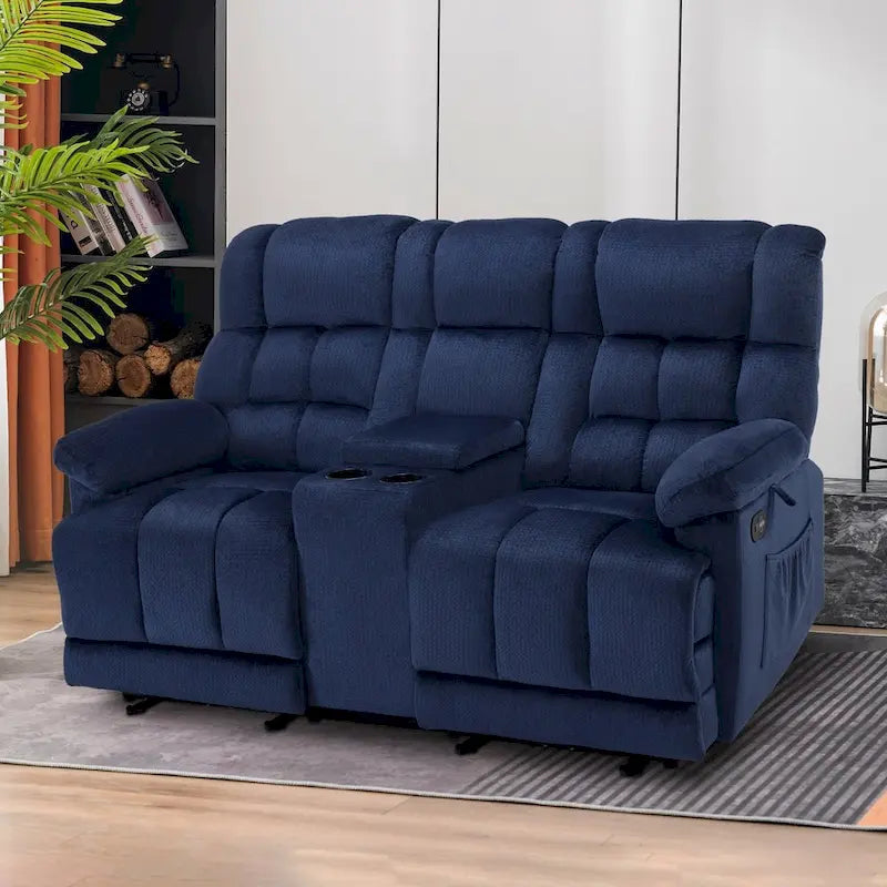 Causeuse inclinable électrique avec console, 2 places, Marron/Gris/Bleu