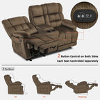 Causeuse inclinable électrique avec console, 2 places, Marron/Gris/Bleu