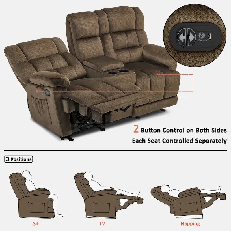 Causeuse inclinable électrique avec console, 2 places, Marron/Gris/Bleu