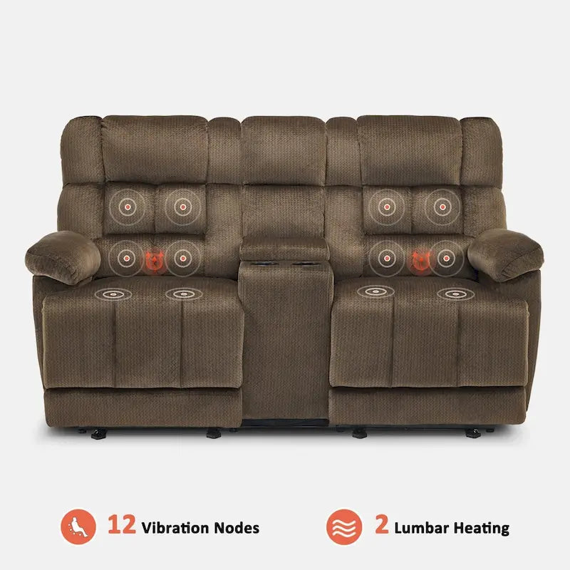 Causeuse inclinable électrique avec console, 2 places, Marron/Gris/Bleu