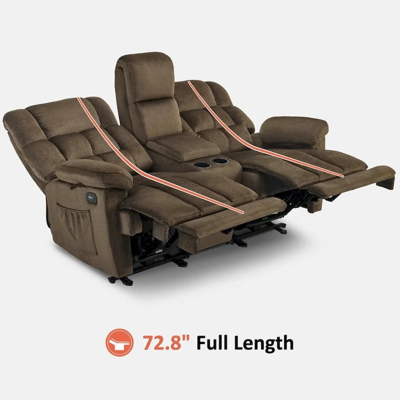 Causeuse inclinable électrique avec console, 2 places, Marron/Gris/Bleu