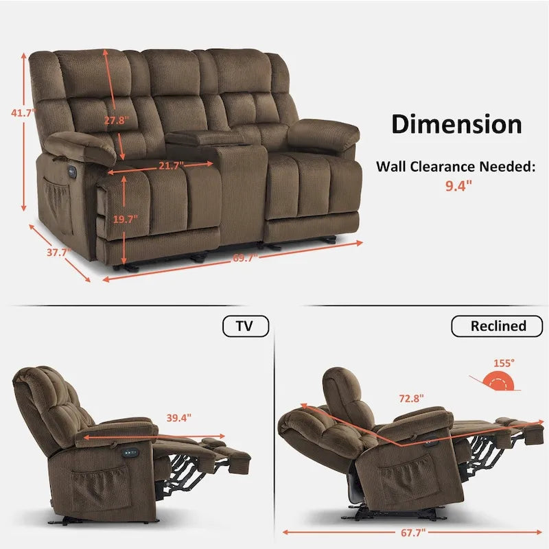 Causeuse inclinable électrique avec console, 2 places, Marron/Gris/Bleu