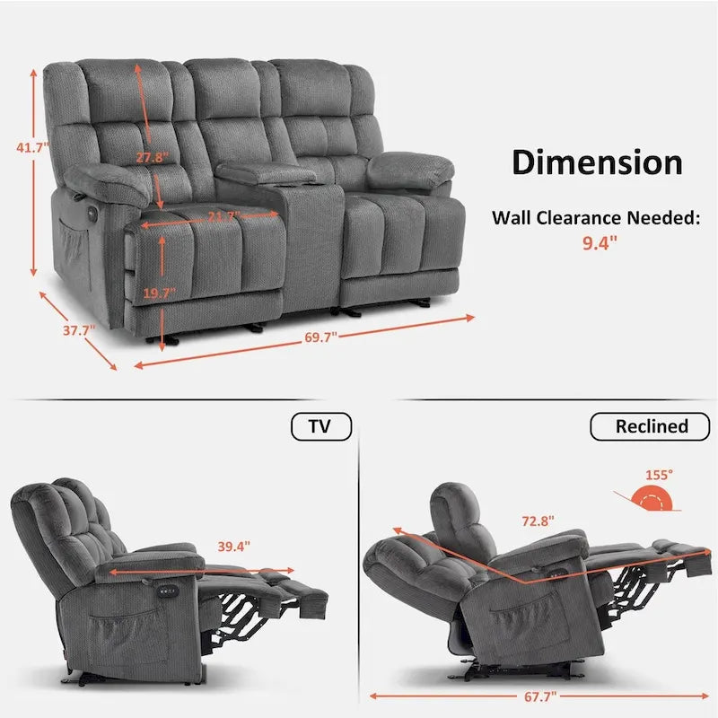 Causeuse inclinable électrique avec console, 2 places, Marron/Gris/Bleu