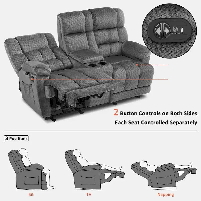 Causeuse inclinable électrique avec console, 2 places, Marron/Gris/Bleu