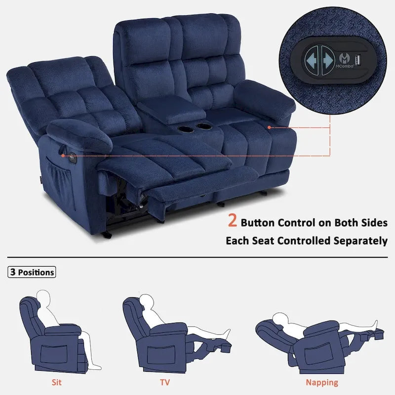 Causeuse inclinable électrique avec console, 2 places, Marron/Gris/Bleu