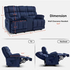Causeuse inclinable électrique avec console, 2 places, Marron/Gris/Bleu