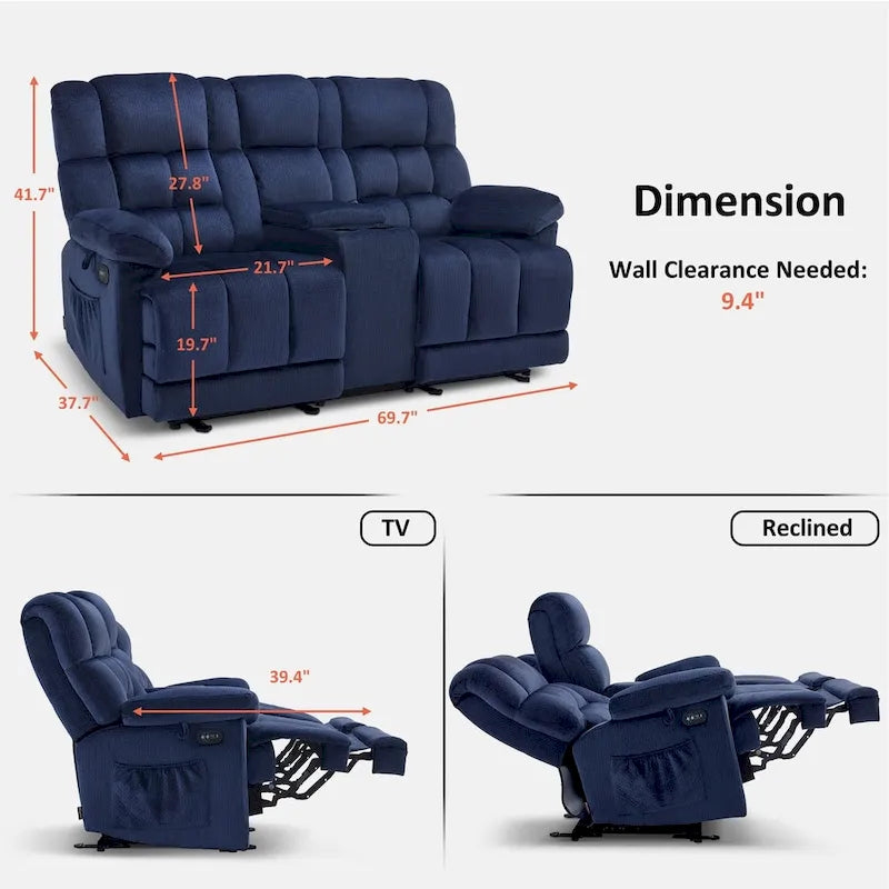Causeuse inclinable électrique avec console, 2 places, Marron/Gris/Bleu