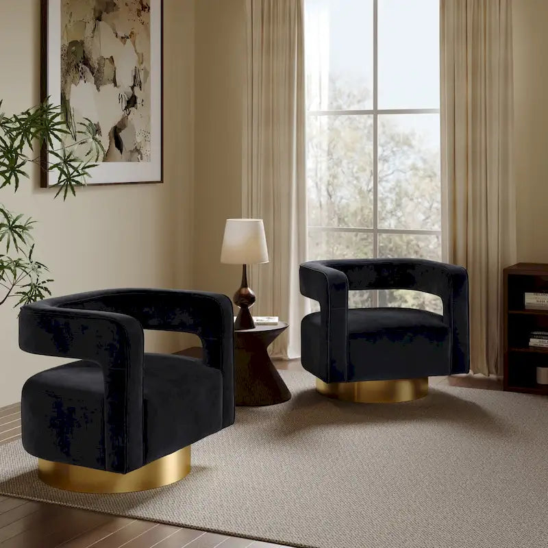 Fauteuil pivotant 360° en velours noir avec piètement doré, une place