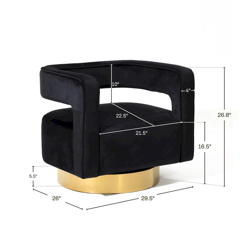 Fauteuil pivotant 360° en velours noir avec piètement doré, une place