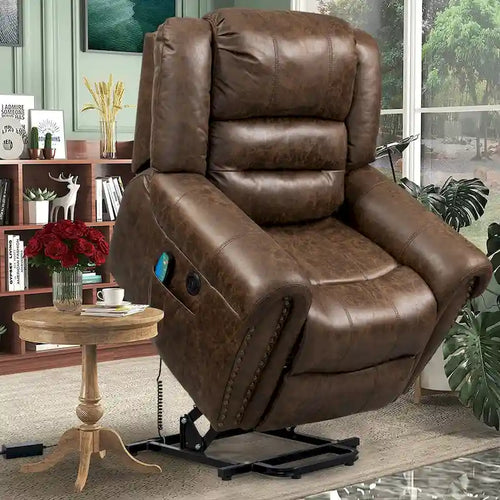 Antique Brown / Grey Faux Leather Power Lift Recliner with Massage & Heat, 1-Person