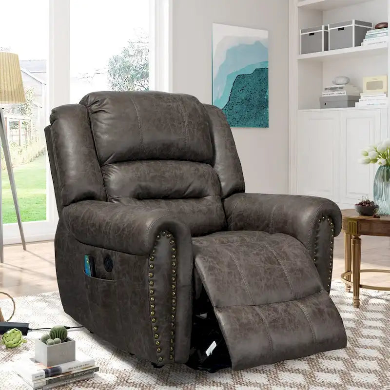 Fauteuil inclinable releveur en similicuir marron antique/gris avec massage et chauffage, 1 place