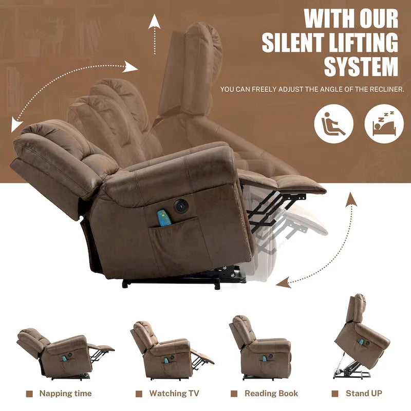 Fauteuil inclinable releveur en similicuir marron antique/gris avec massage et chauffage, 1 place