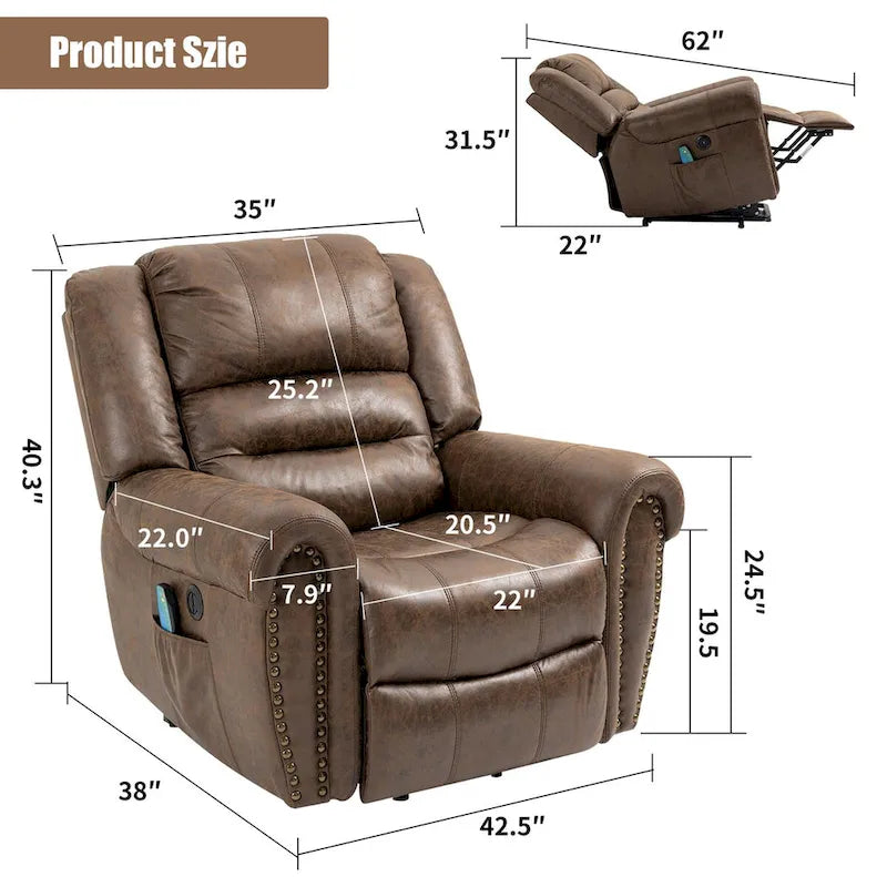Fauteuil inclinable releveur en similicuir marron antique/gris avec massage et chauffage, 1 place