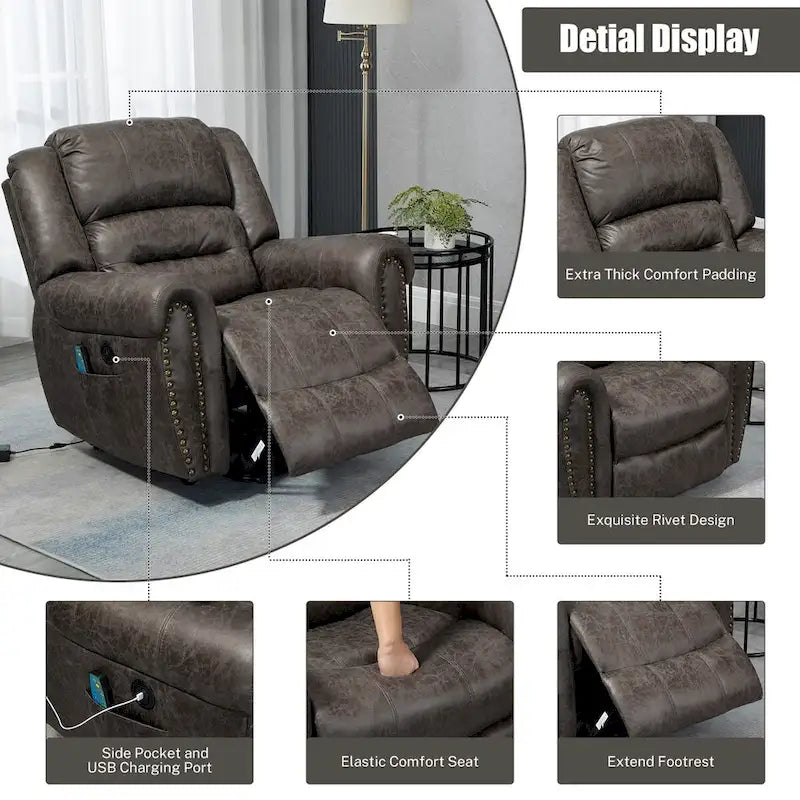 Fauteuil inclinable releveur en similicuir marron antique/gris avec massage et chauffage, 1 place