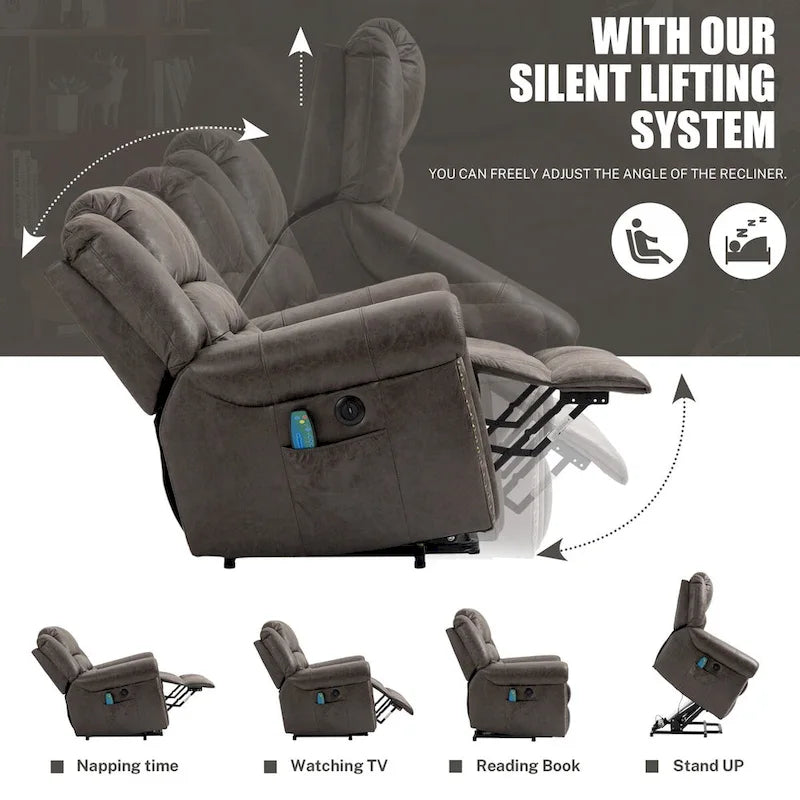 Fauteuil inclinable releveur en similicuir marron antique/gris avec massage et chauffage, 1 place