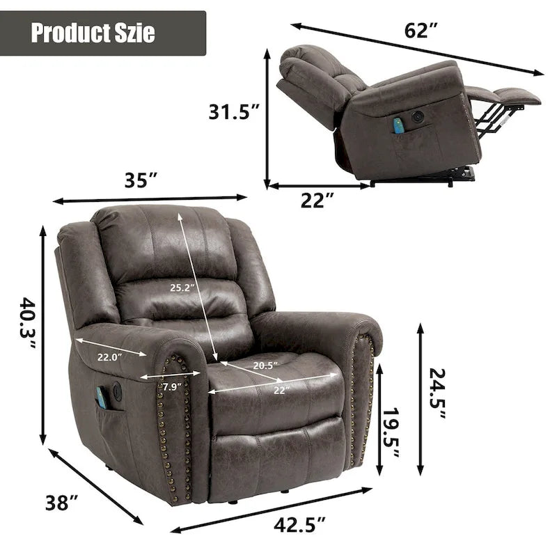 Fauteuil inclinable releveur en similicuir marron antique/gris avec massage et chauffage, 1 place