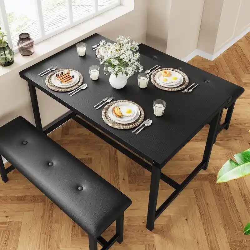 Ensemble table à manger grise 3 pièces avec 2 bancs, 4 places