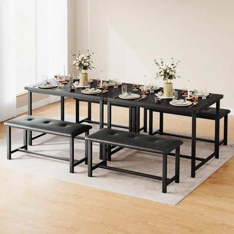 Ensemble table à manger grise 3 pièces avec 2 bancs, 4 places