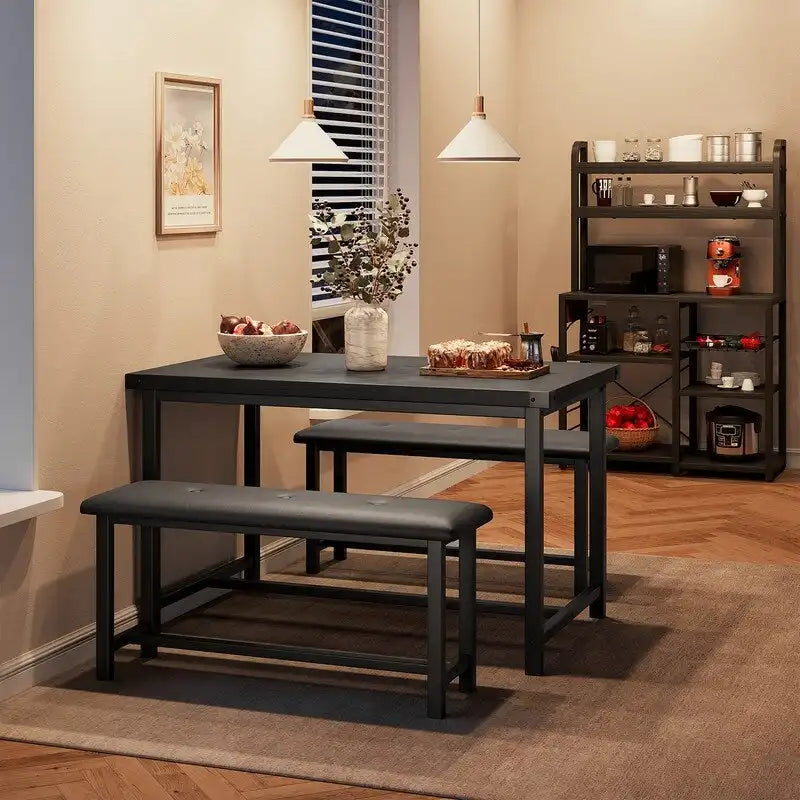 Ensemble table à manger grise 3 pièces avec 2 bancs, 4 places