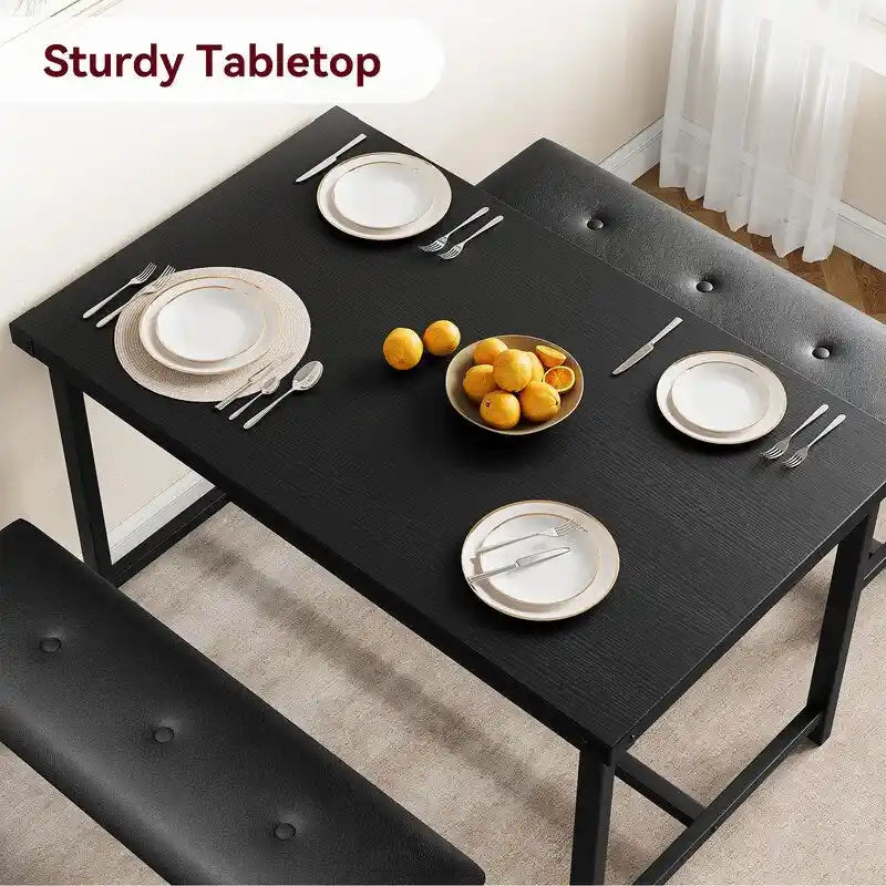 Ensemble table à manger grise 3 pièces avec 2 bancs, 4 places