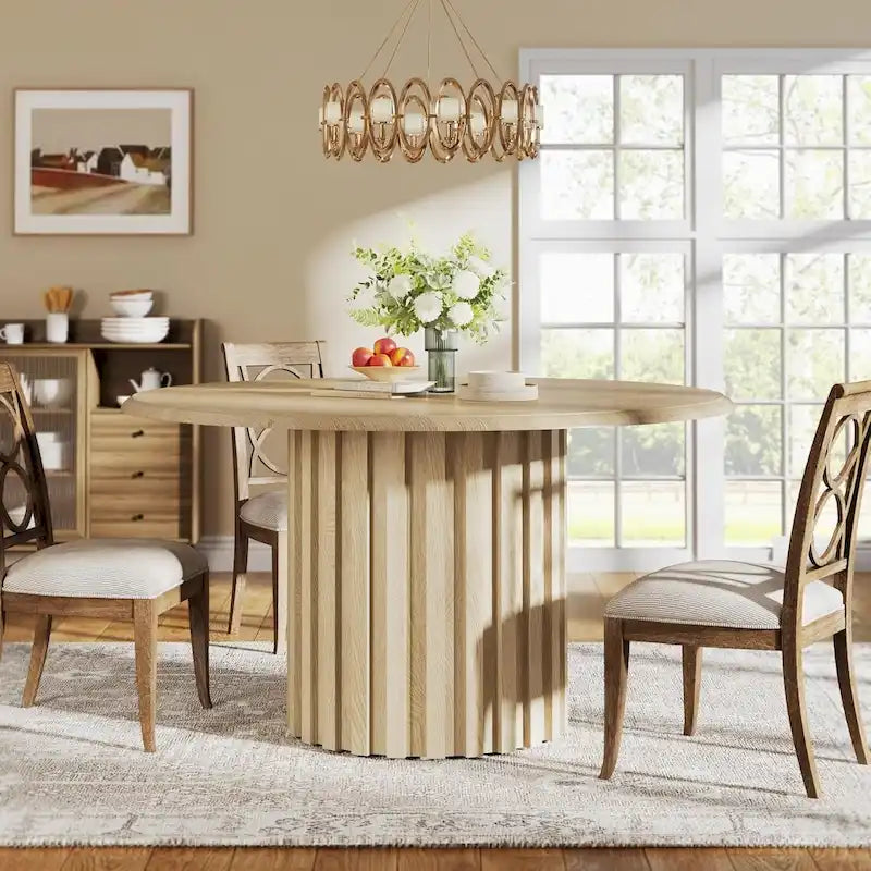 Table à manger ronde beige, style ferme, 6 places
