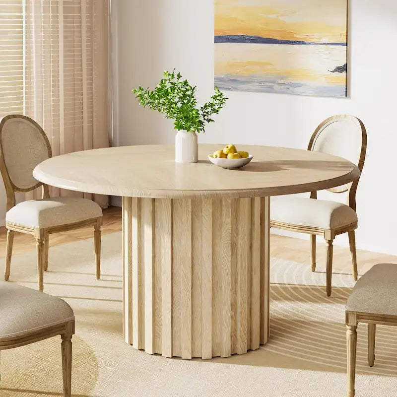 Table à manger ronde beige, style ferme, 6 places