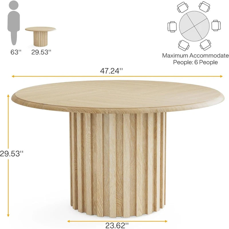 Table à manger ronde beige, style ferme, 6 places