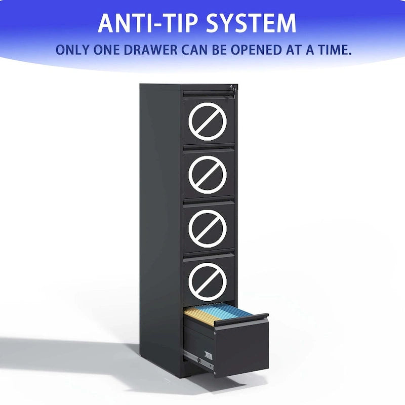 Classeur vertical métallique 5 tiroirs Blanc/Noir avec serrure, 1 personne