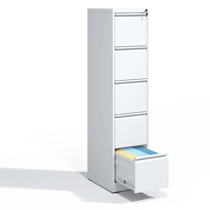 Classeur vertical métallique 5 tiroirs Blanc/Noir avec serrure, 1 personne