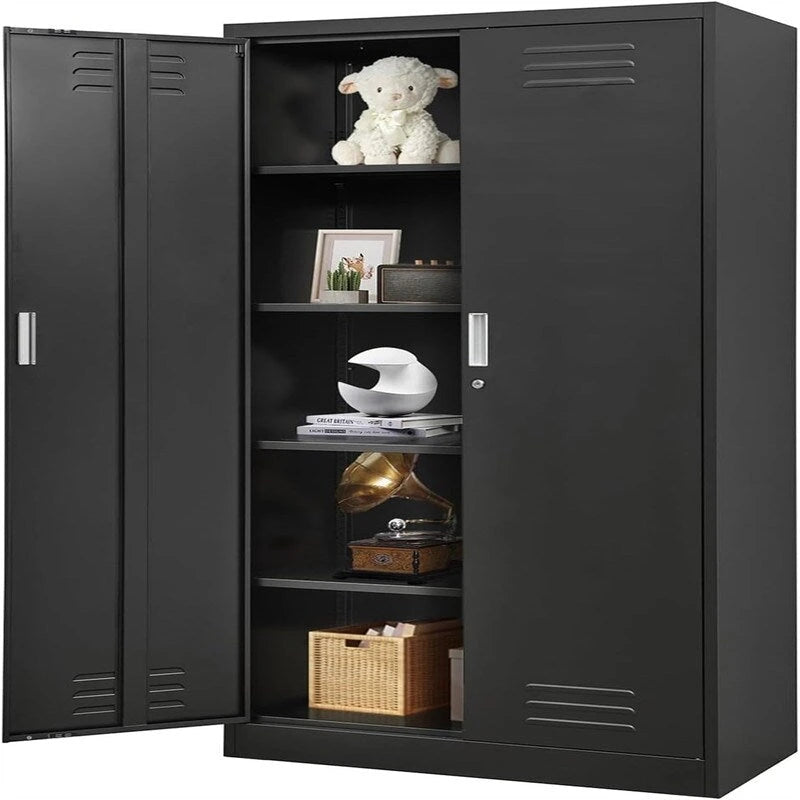 Armoire de rangement métallique verrouillable Blanc / Noir / Noir-Argent — 4 étagères, 180 cm H