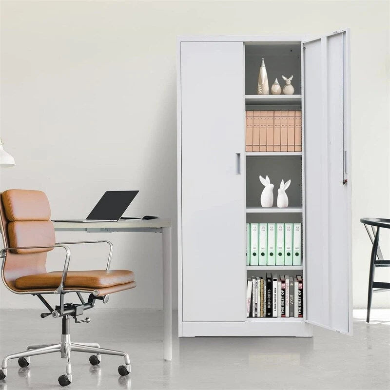 Armoire de rangement métallique verrouillable Blanc / Noir / Noir-Argent — 4 étagères, 180 cm H