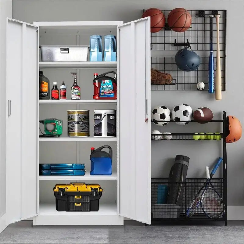 Armoire de rangement métallique verrouillable Blanc / Noir / Noir-Argent — 4 étagères, 180 cm H