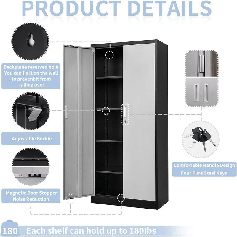 Armoire de rangement métallique verrouillable Blanc / Noir / Noir-Argent — 4 étagères, 180 cm H