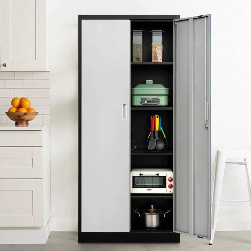 Armoire de rangement métallique verrouillable Blanc / Noir / Noir-Argent — 4 étagères, 180 cm H