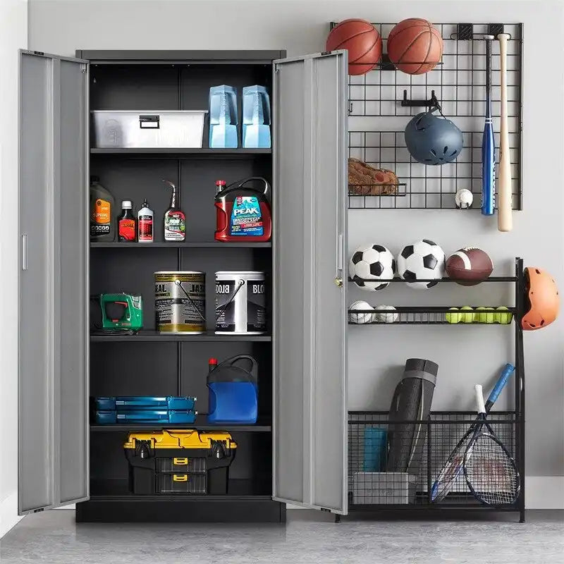 Armoire de rangement métallique verrouillable Blanc / Noir / Noir-Argent — 4 étagères, 180 cm H