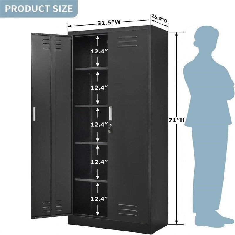 Armoire de rangement métallique verrouillable Blanc / Noir / Noir-Argent — 4 étagères, 180 cm H