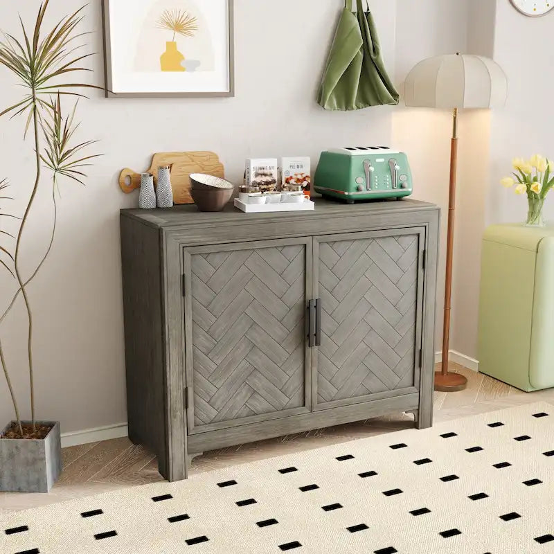 Antique Blue/Gray/White Console Table with 2 Shelves & Doors, Vintage Style