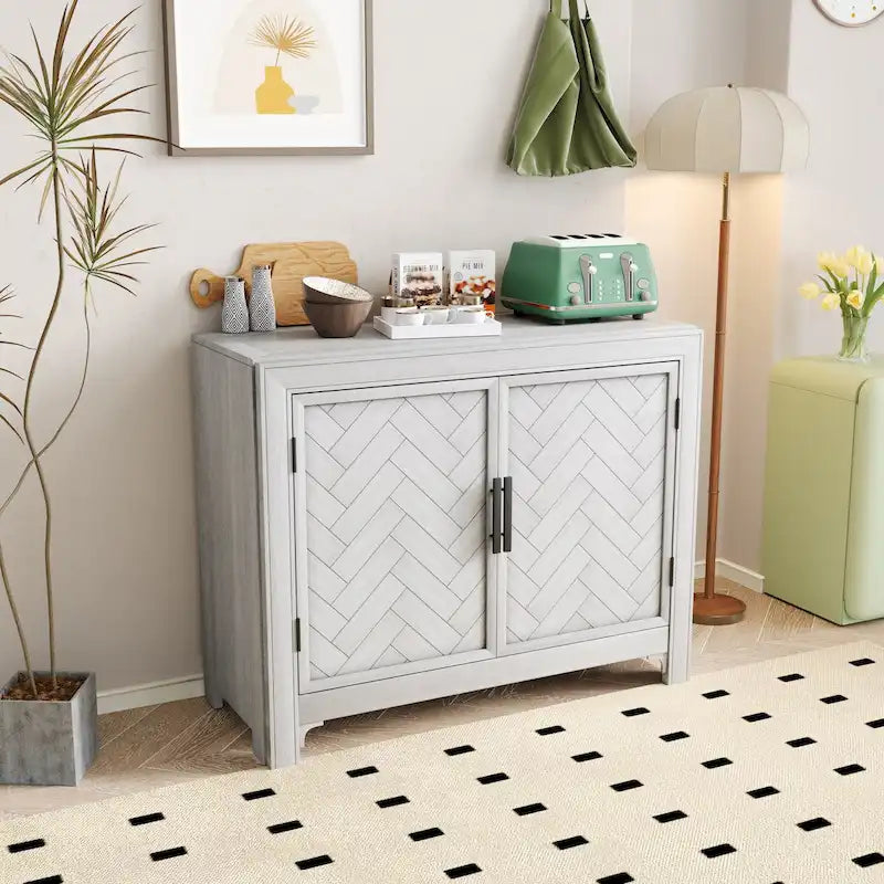 Antique Blue/Gray/White Console Table with 2 Shelves & Doors, Vintage Style