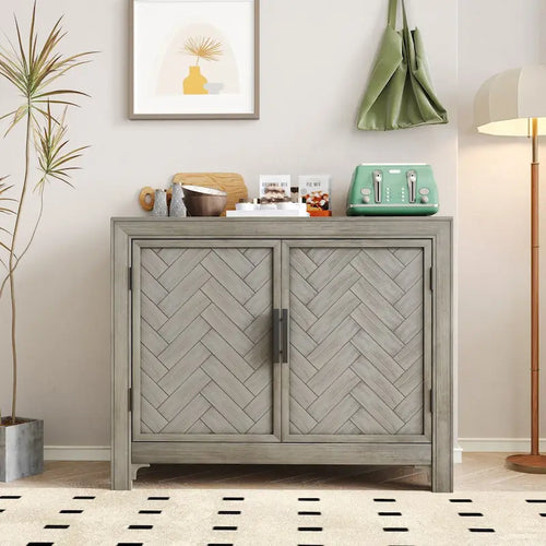 Antique Blue/Gray/White Console Table with 2 Shelves & Doors, Vintage Style