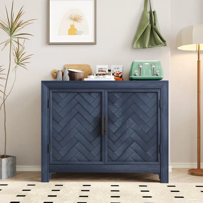 Antique Blue/Gray/White Console Table with 2 Shelves & Doors, Vintage Style