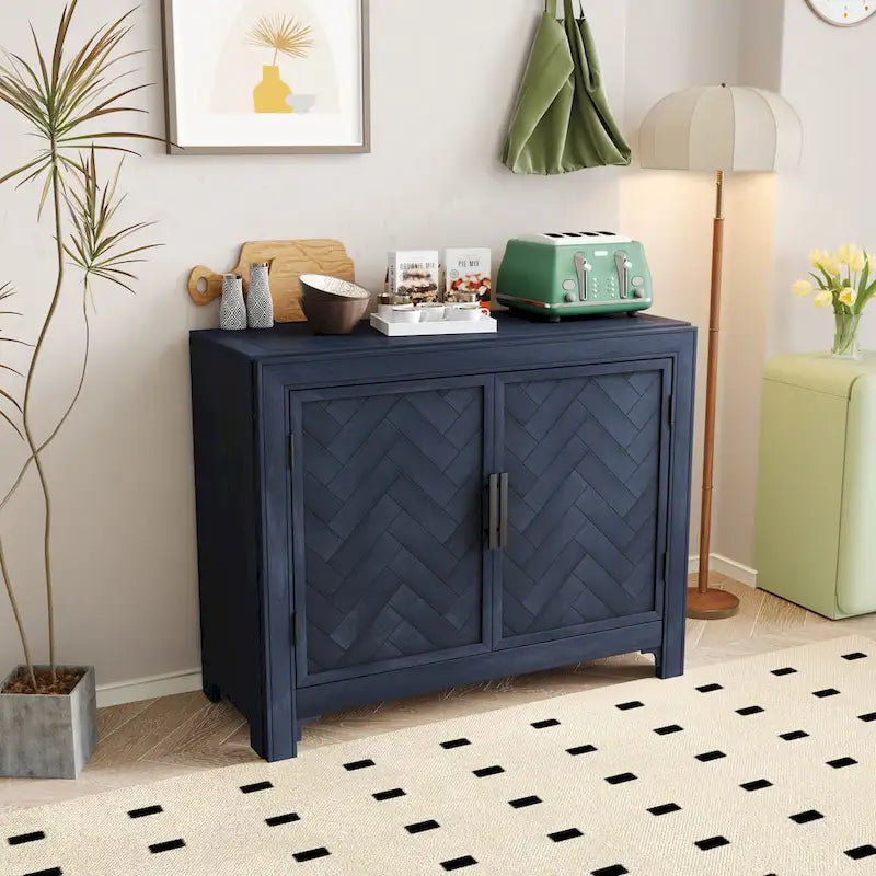 Antique Blue/Gray/White Console Table with 2 Shelves & Doors, Vintage Style
