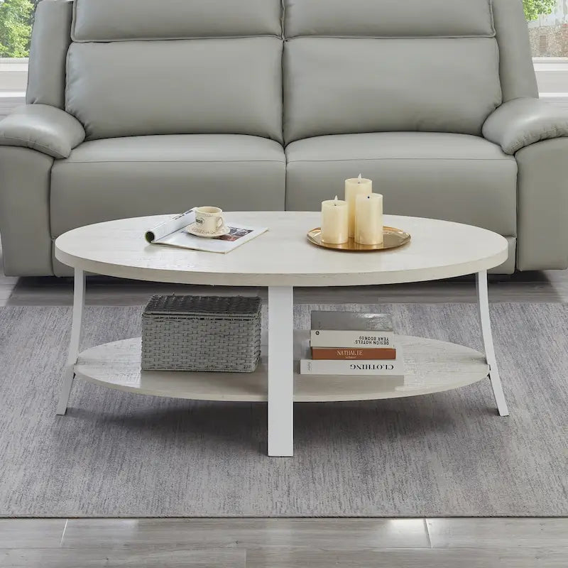 Table basse ovale blanche avec étagère, 2 à 4 places