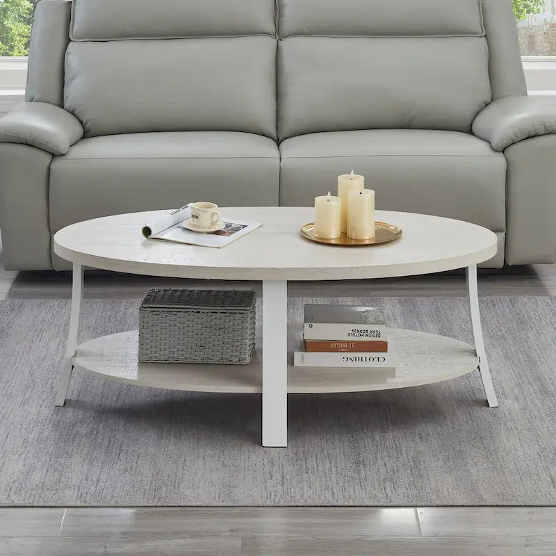 Table basse ovale blanche avec étagère, 2 à 4 places