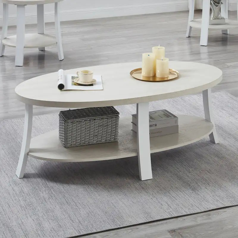 Table basse ovale blanche avec étagère, 2 à 4 places