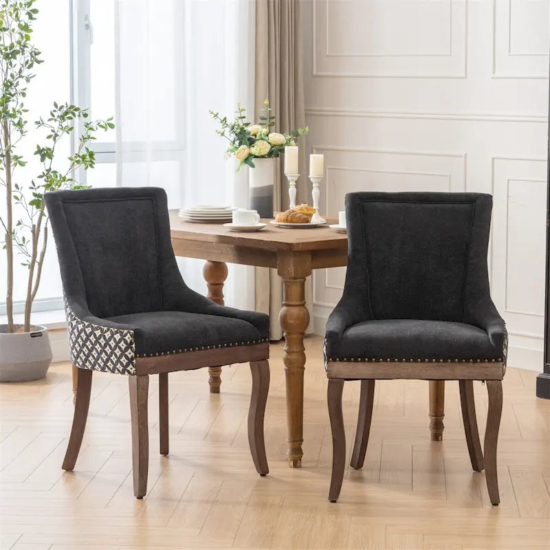 Chaise de salle à manger en tissu dossier haut noir / beige+noir, détails cloutés, pieds en bois massif, lot de 2