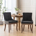 Chaise de salle à manger en tissu dossier haut noir / beige+noir, détails cloutés, pieds en bois massif, lot de 2