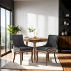 Chaise de salle à manger en tissu dossier haut noir / beige+noir, détails cloutés, pieds en bois massif, lot de 2