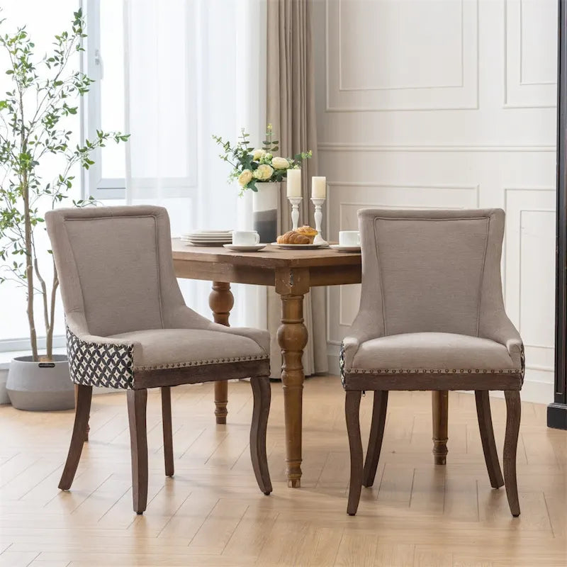 Chaise de salle à manger en tissu dossier haut noir / beige+noir, détails cloutés, pieds en bois massif, lot de 2