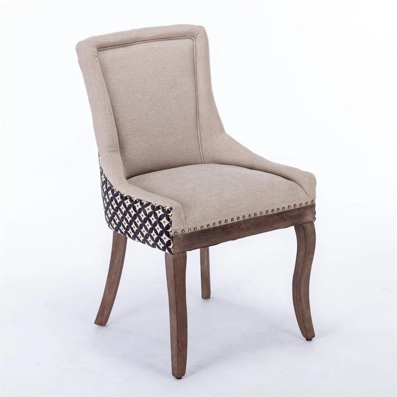 Chaise de salle à manger en tissu dossier haut noir / beige+noir, détails cloutés, pieds en bois massif, lot de 2