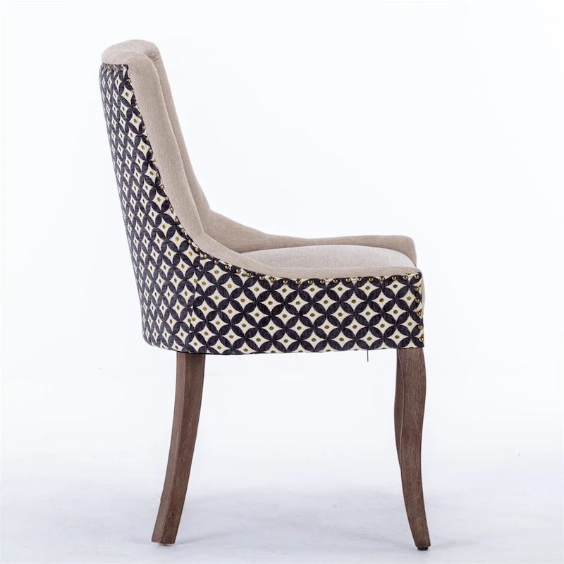 Chaise de salle à manger en tissu dossier haut noir / beige+noir, détails cloutés, pieds en bois massif, lot de 2